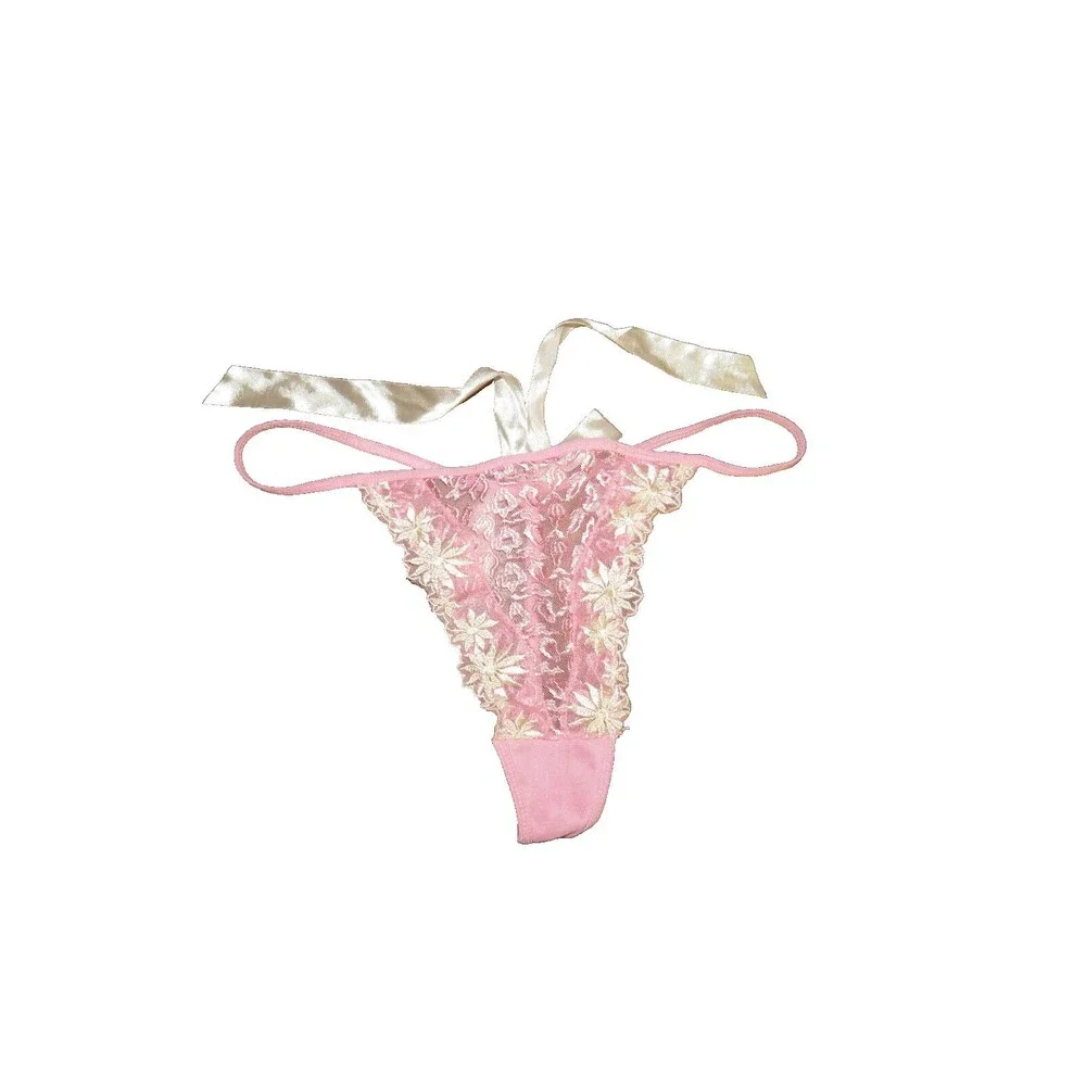 Vintage Glamour Pink Mesh Embroidered Thong Panties Satin Back Bow Size XL - Picture 3 of 14